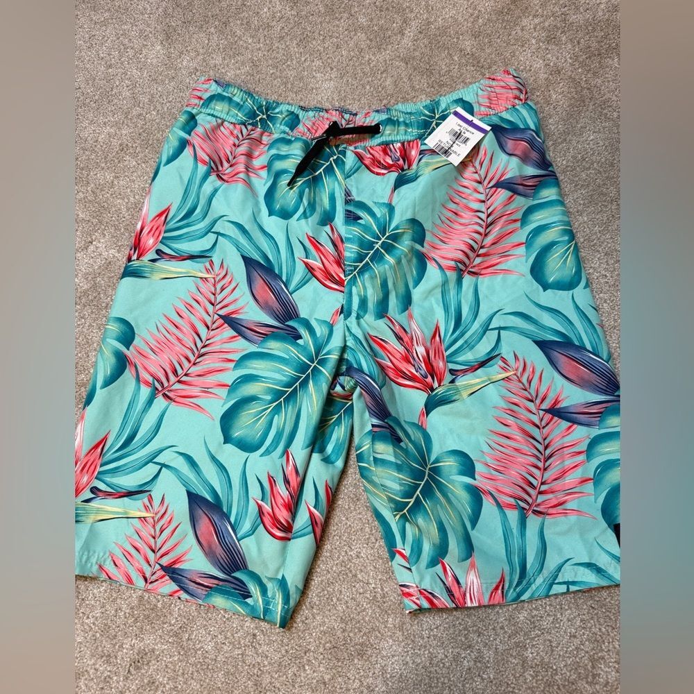 NWT Boys XL Hurley Teal and Red Leaf Print Swim Shorts